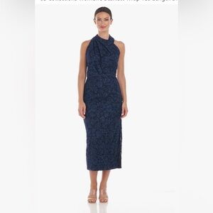 JS Collections Blue Halter Sheath Midi Dress